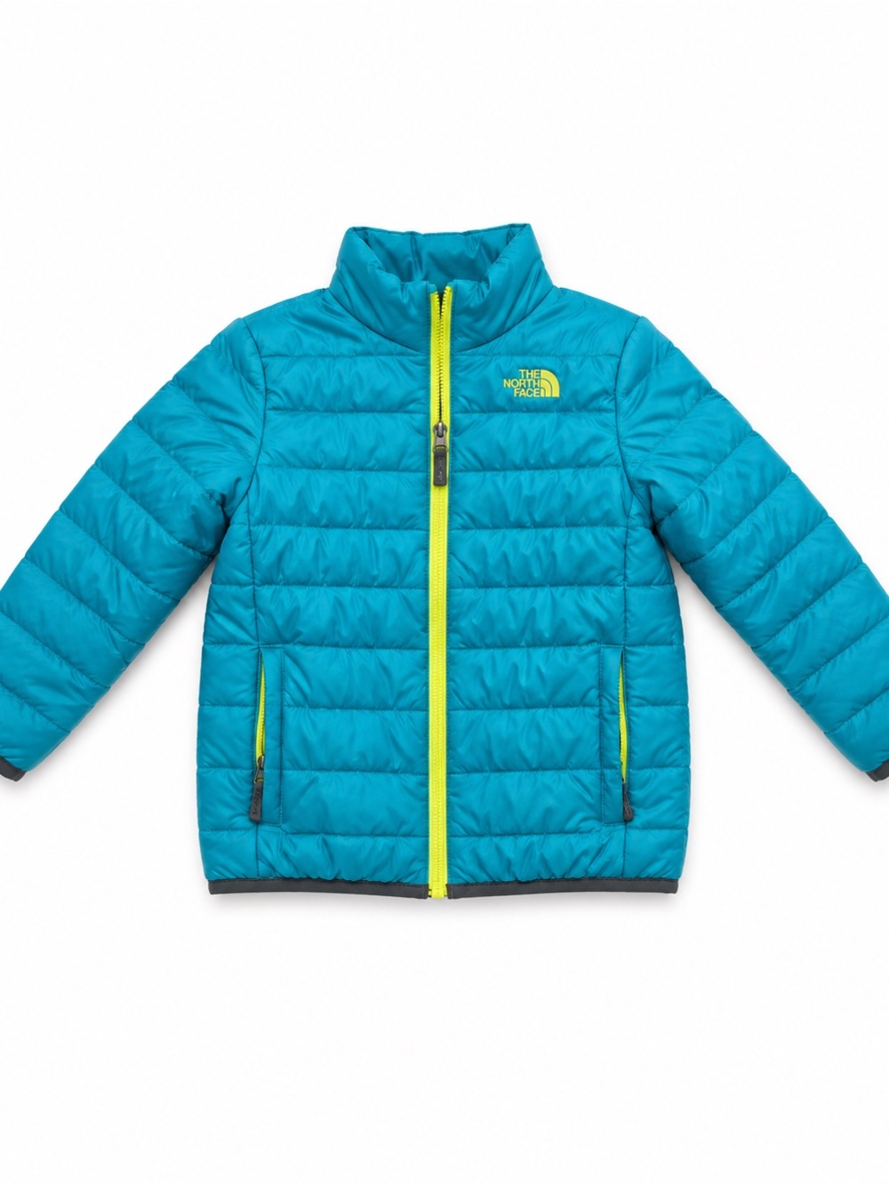 The North Face Kids Teal Puffer Jacket with Yellow Zipper Accents